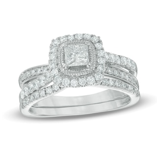 Previously Owned - 0.96 CT. T.W. Princess-Cut Diamond Frame Crossover Shank Bridal Set in 14K White Gold