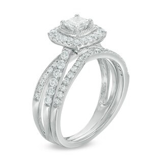 Previously Owned - 0.96 CT. T.W. Princess-Cut Diamond Frame Crossover Shank Bridal Set in 14K White Gold