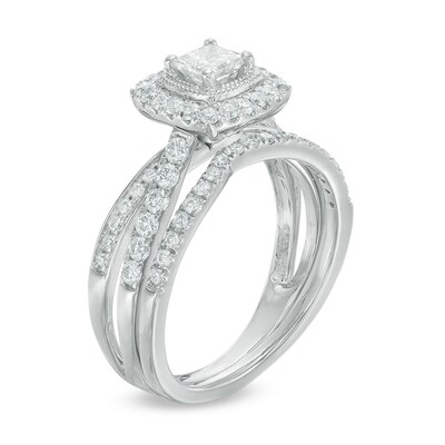Previously Owned - 0.96 CT. T.W. Princess-Cut Diamond Frame Crossover Shank Bridal Set in 14K White Gold