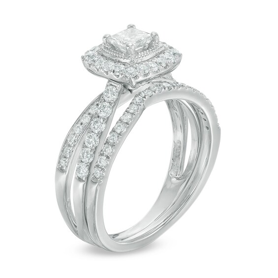 Previously Owned - 0.96 CT. T.W. Princess-Cut Diamond Frame Crossover Shank Bridal Set in 14K White Gold