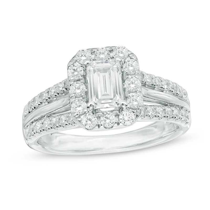 Previously Owned - Celebration Canadian Ideal 1.50 CT. T.W. Emerald-Cut Diamond Frame Engagement Ring in 14K White Gold