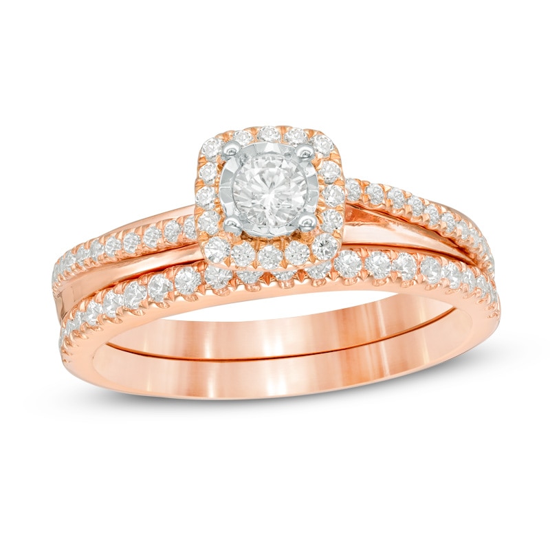 Previously Owned - 0.45 CT. T.W. Diamond Cushion Frame Bridal Set in 10K Rose Gold
