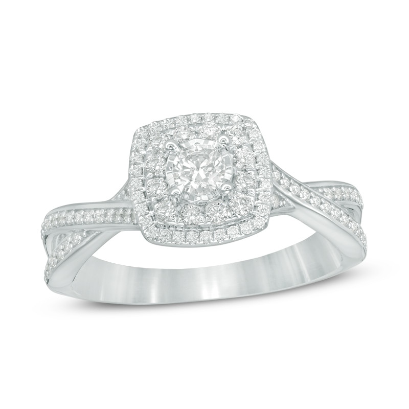 Previously Owned - 0.50 CT. T.W. Diamond Double Cushion Frame Twist Engagement Ring in 10K White Gold