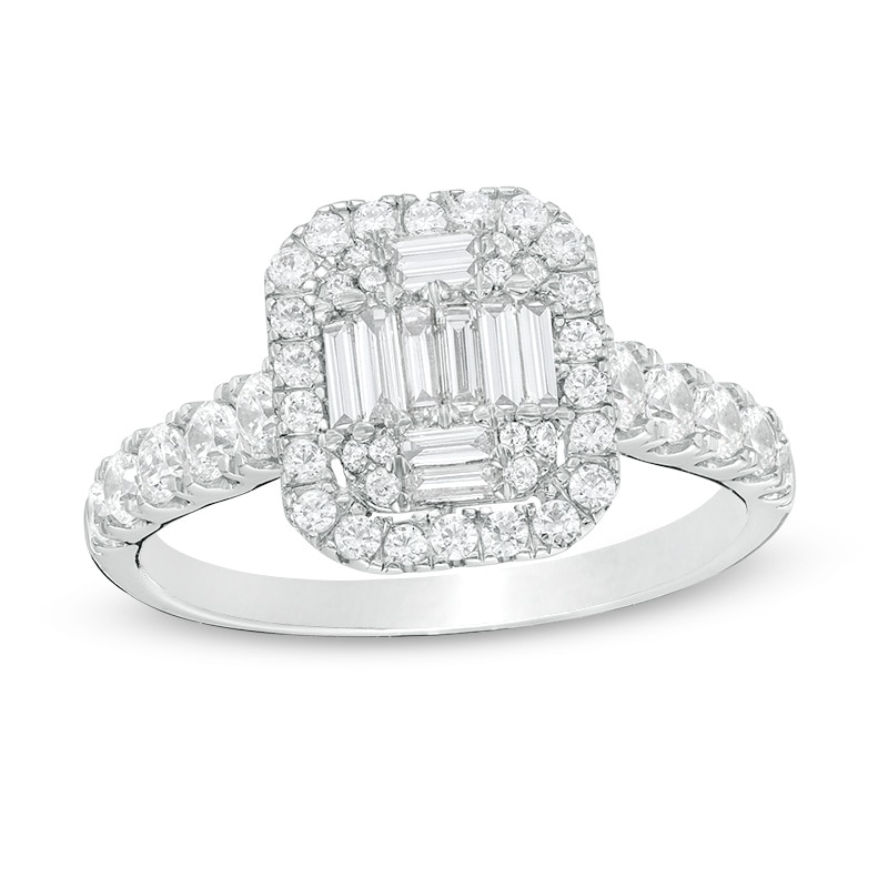 Previously Owned - 0.85 CT. T.W. Composite Baguette and Round Diamond Frame Engagement Ring in 14K White Gold