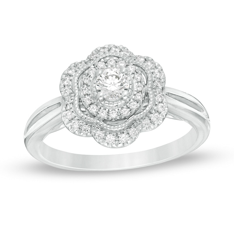 Previously Owned - 0.30 CT. T.W. Diamond Flower Frame Vintage-Style Engagement Ring in 14K White Gold