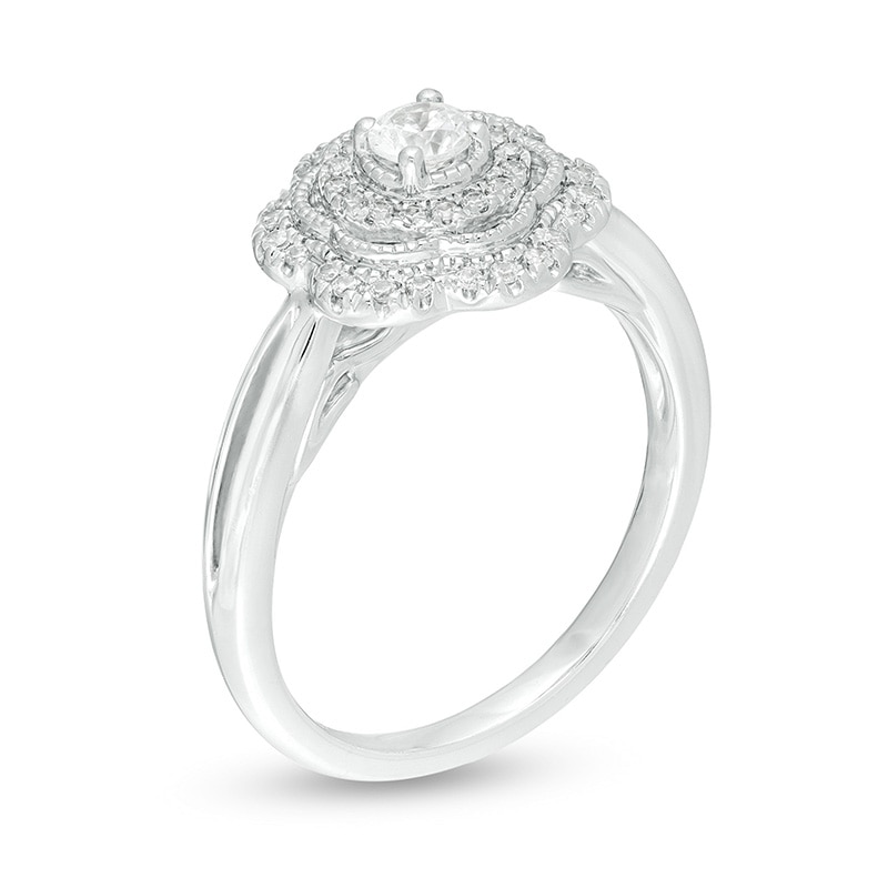 Previously Owned - 0.30 CT. T.W. Diamond Flower Frame Vintage-Style Engagement Ring in 14K White Gold