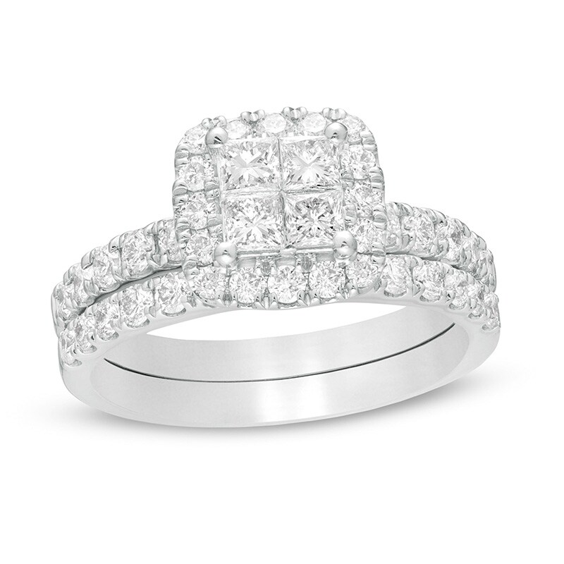 Previously Owned - 1.00 CT. T.W. Quad Princess-Cut Diamond Frame Bridal Set in 14K White Gold