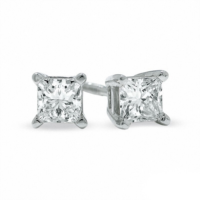 Main Image 1 of Previously Owned - 0.50 CT. T.W. Princess-Cut Diamond Solitaire Stud Earrings in 14K White Gold (I/I2)