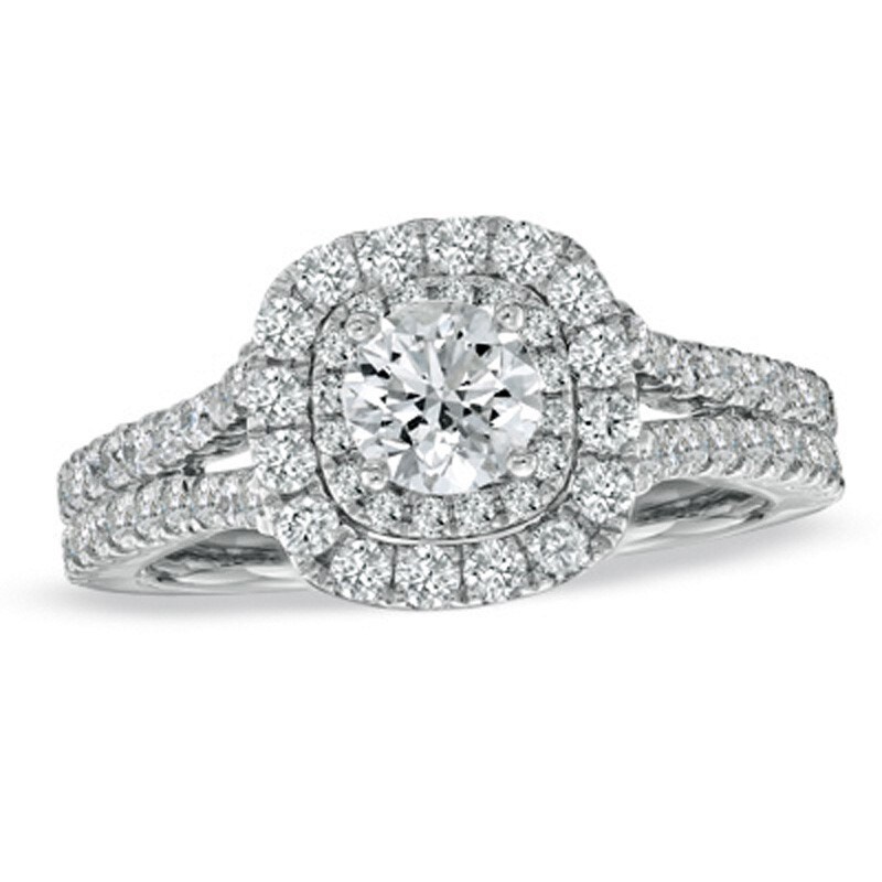 Main Image 1 of Previously Owned - Vera Wang Love Collection 1.45 CT. T.W. Diamond Frame Split Shank Engagement Ring in 14K White Gold