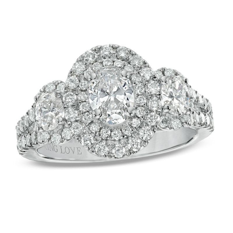 Previously Owned - Vera Wang Love Collection 1.45 CT. T.W. Oval Diamond Three Stone Engagement Ring in 14K White Gold|Peoples Jewellers