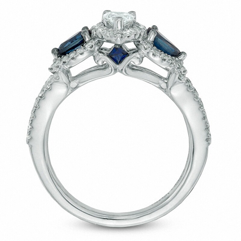 Main Image 3 of Previously Owned - Vera Wang Love Collection 0.70 CT. T.W. Pear-Shaped Diamond and Blue Sapphire Ring in 14K White Gold