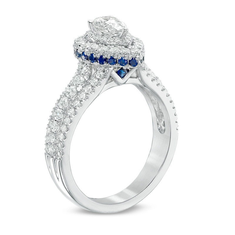 Previously Owned - Vera Wang Love Collection 0.95 CT. T.W. Pear-Shaped Diamond and Sapphire Frame Ring in 14K White Gold