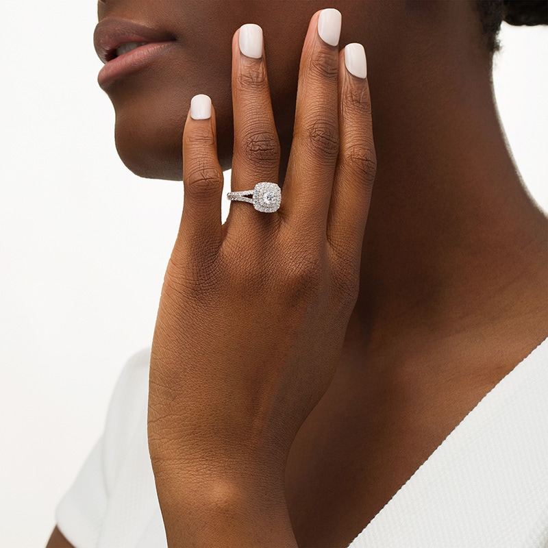 Main Image 2 of Previously Owned - Vera Wang Love Collection 1.45 CT. T.W. Diamond Double Cushion Frame Ring in 14K White Gold