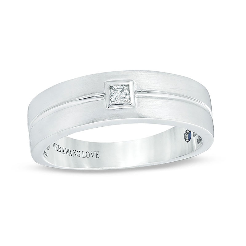 Previously Owned - Vera Wang Love Collection Men’s 0.07 CT. Square Diamond Centre Groove Wedding Band in 14K White Gold|Peoples Jewellers