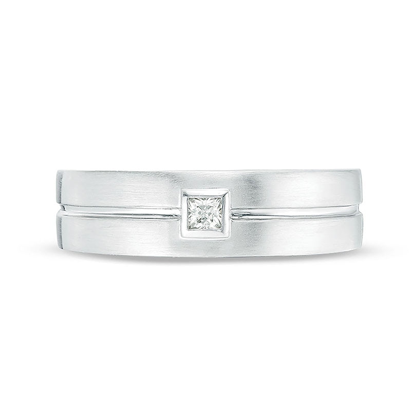 Previously Owned - Vera Wang Love Collection Men’s 0.07 CT. Square Diamond Centre Groove Wedding Band in 14K White Gold|Peoples Jewellers