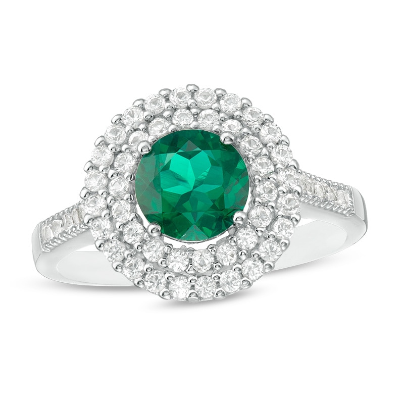 Previously Owned - 6.5mm Lab-Created Emerald and White Lab-Created Sapphire Double Frame Ring in Sterling Silver