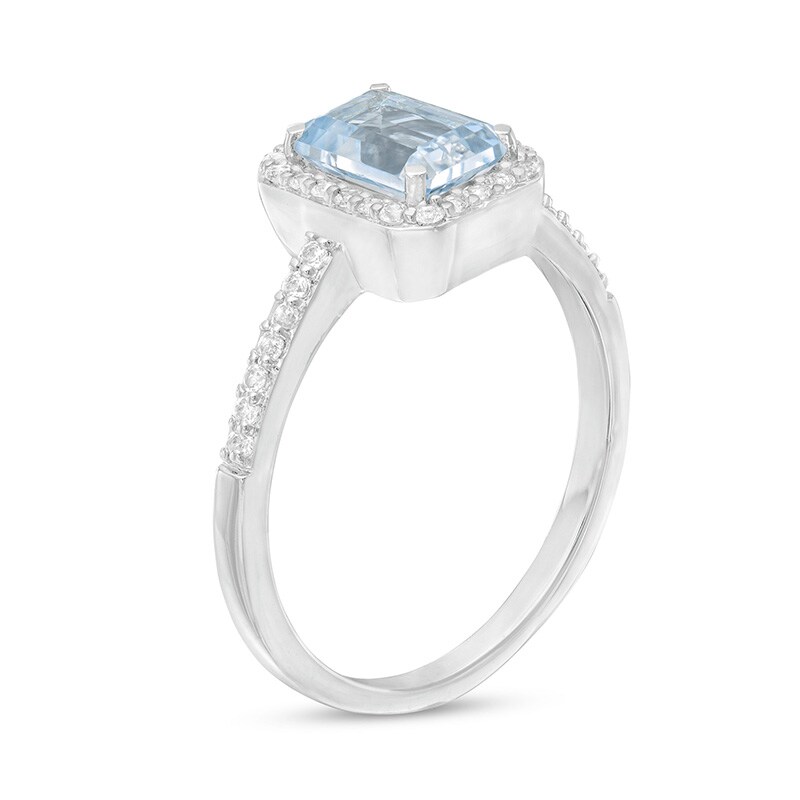 Main Image 3 of Previously Owned - Emerald-Cut Simulated Aquamarine and Lab-Created Sapphire Octagonal Frame Ring in Sterling Silver