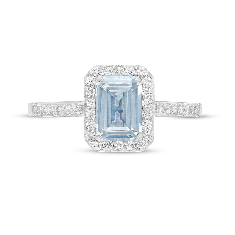 Main Image 4 of Previously Owned - Emerald-Cut Simulated Aquamarine and Lab-Created Sapphire Octagonal Frame Ring in Sterling Silver