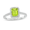 Thumbnail Image 1 of Previously Owned - Emerald-Cut Simulated Peridot and White Lab-Created Sapphire Octagonal Frame Ring in Sterling Silver