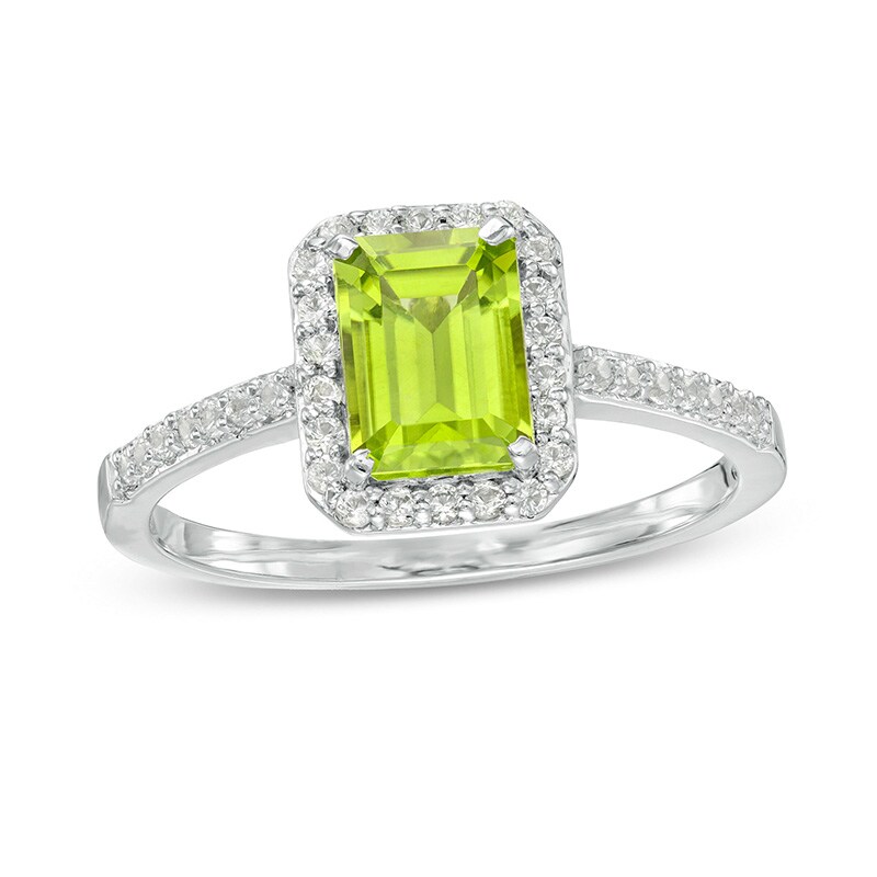Main Image 1 of Previously Owned - Emerald-Cut Simulated Peridot and White Lab-Created Sapphire Octagonal Frame Ring in Sterling Silver