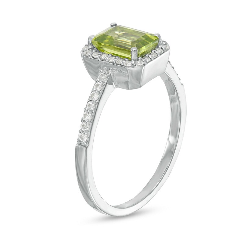 Main Image 3 of Previously Owned - Emerald-Cut Simulated Peridot and White Lab-Created Sapphire Octagonal Frame Ring in Sterling Silver
