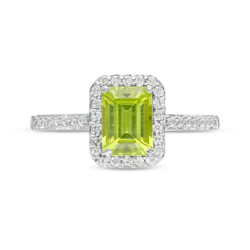 Main Image 4 of Previously Owned - Emerald-Cut Simulated Peridot and White Lab-Created Sapphire Octagonal Frame Ring in Sterling Silver