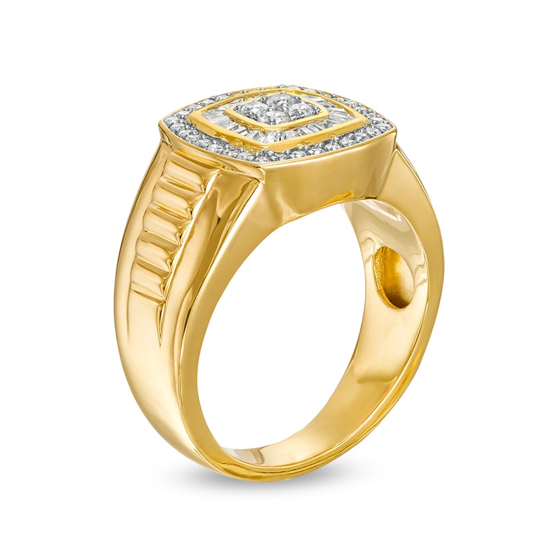 Previously Owned - Men's 0.70 CT. T.W. Quad Diamond Double Frame Ribbed Ring in 10K Gold