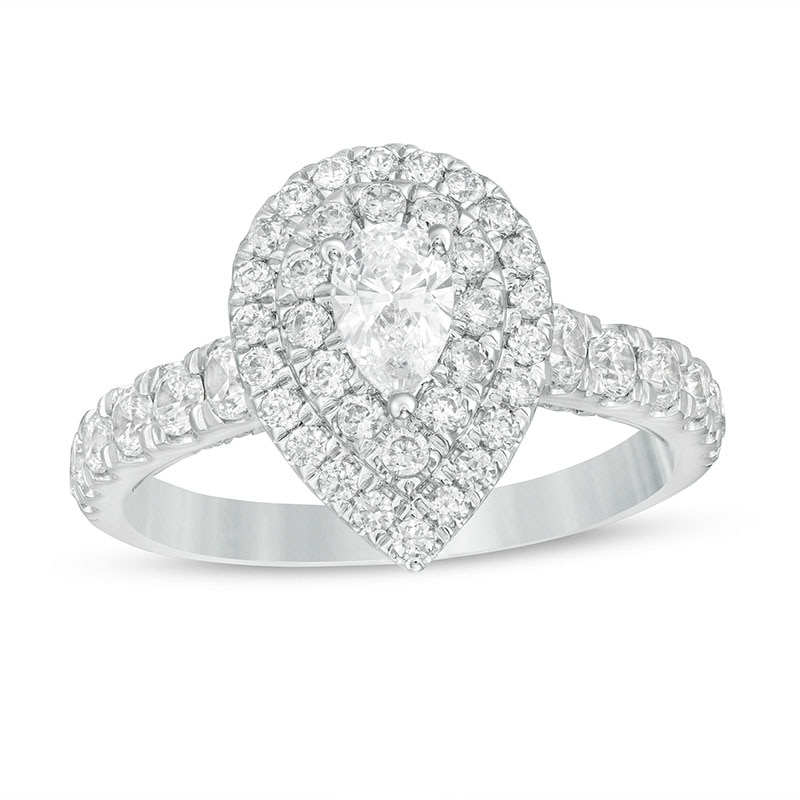 Main Image 1 of Previously Owned - 1.50 CT. T.W. Pear-Shaped Lab-Grown Diamond Double Frame Engagement Ring in 14K White Gold (F/SI2)