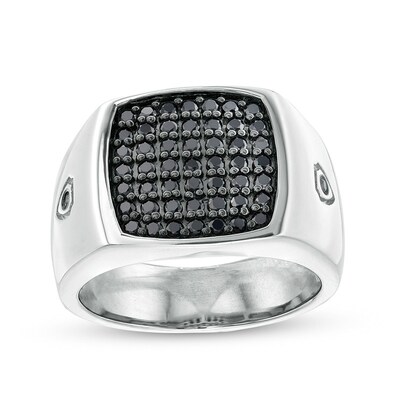 Previously Owned - Men's 1.00 CT. T.W. Black Cushion-Shaped Multi-Diamond Ring in Sterling Silver