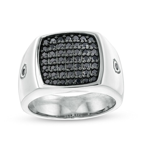 Previously Owned - Men's 1.00 CT. T.W. Black Cushion-Shaped Multi-Diamond Ring in Sterling Silver