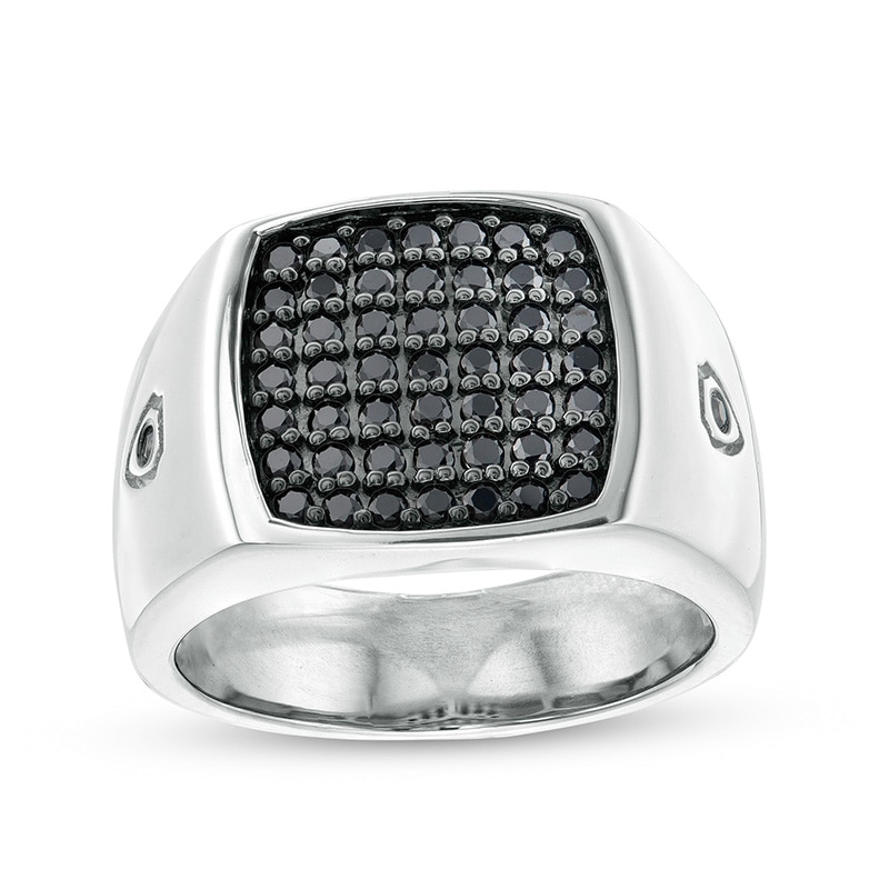 Previously Owned - Men's 1.00 CT. T.W. Black Cushion-Shaped Multi-Diamond Ring in Sterling Silver