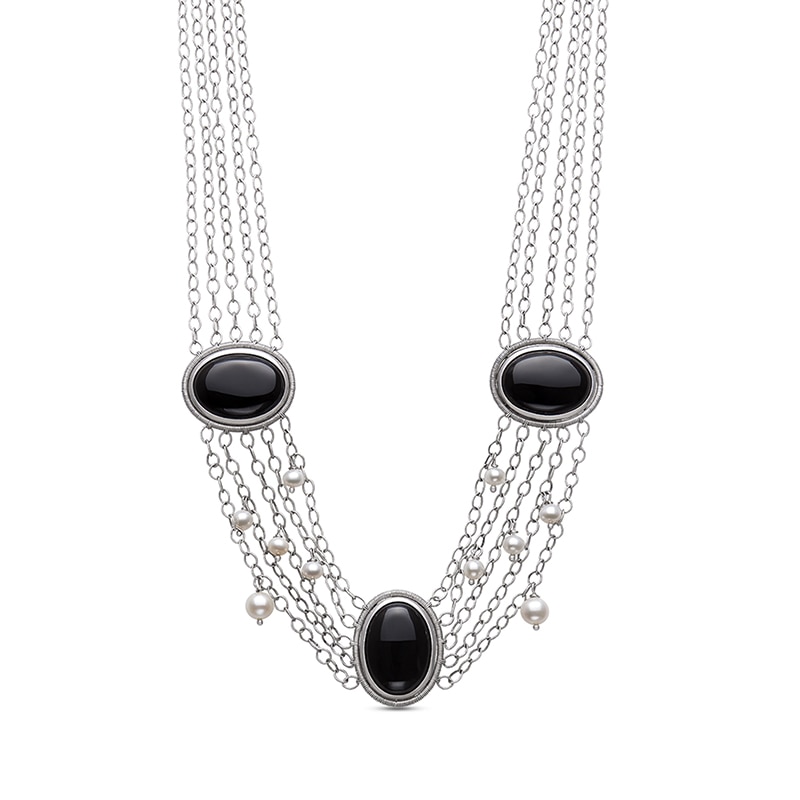 Previously Owned - Oval Onyx and Cultured Freshwater Pearl Multi-Strand Necklace in Sterling Silver - 15"|Peoples Jewellers