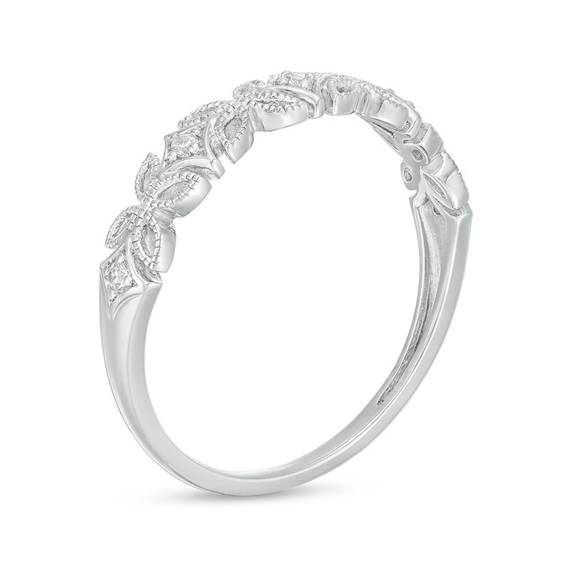Main Image 3 of Previously Owned - Diamond Accent Art Deco Floral Pattern Vintage-Style Wedding Band in 10K White Gold