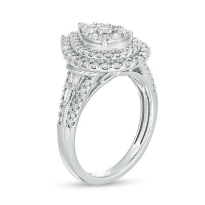 Previously Owned - 1.00 CT. T.W. Pear-Shaped Multi-Diamond Double Frame Multi-Row Engagement Ring in 10K White Gold