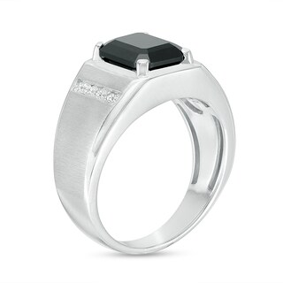 Previously Owned Men's Emerald-Cut Faceted Onyx and Diamond Accent Ring in Sterling Silver