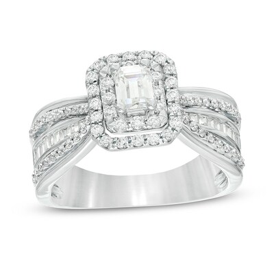 Previously Owned - 0.95 CT. T.W. Emerald-Cut Diamond Frame Multi-Row Engagement Ring in 14K White Gold (I/SI2)