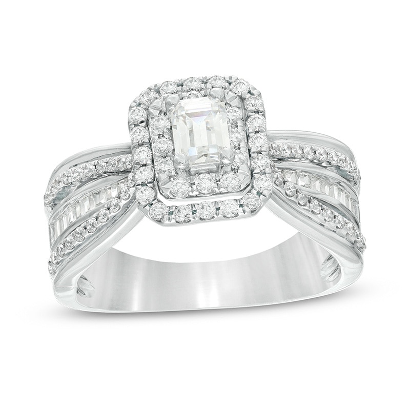 Previously Owned - 0.95 CT. T.W. Emerald-Cut Diamond Frame Multi-Row Engagement Ring in 14K White Gold (I/SI2)