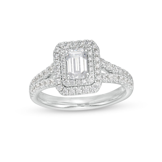Previously Owned - 1.18 CT. T.W. Emerald-Cut Diamond Double Frame Split Shank Engagement Ring in 14K White Gold