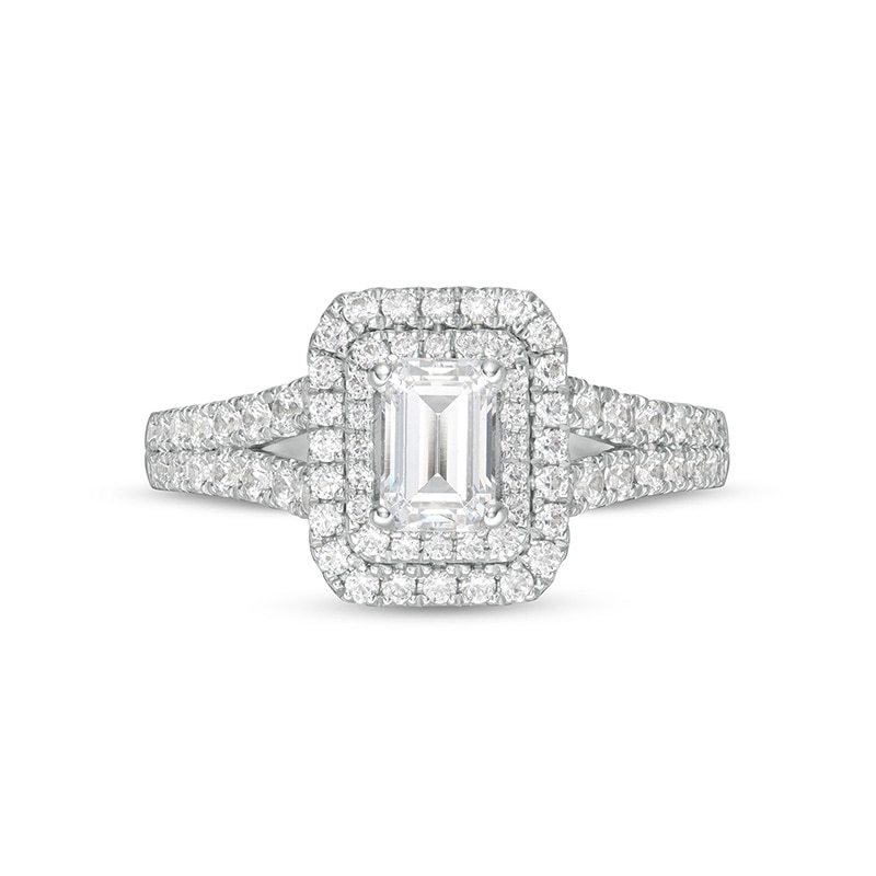 Previously Owned - 1.18 CT. T.W. Emerald-Cut Diamond Double Frame Split Shank Engagement Ring in 14K White Gold