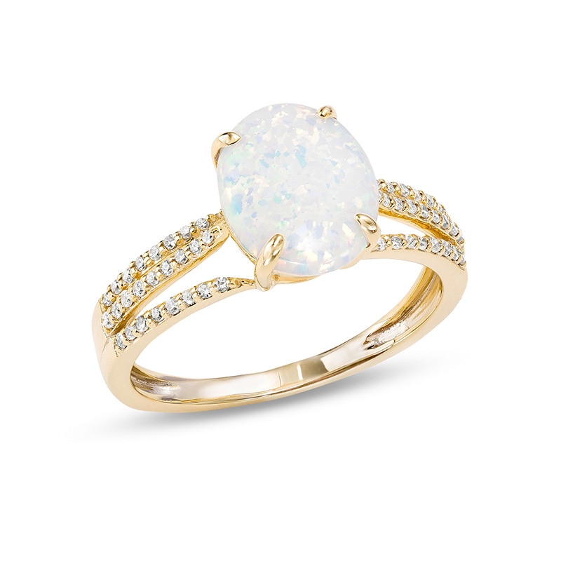 Previously Owned - Oval Lab-Created Opal and 0.145 CT. T.W. Diamond Triple Row Split Shank Ring in 10K Gold