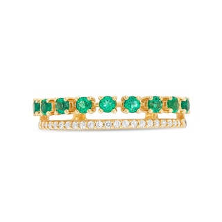 Previously Owned - Lab-Created Emerald and White Lab-Created Sapphire Split Double Row Ring in 10K Gold