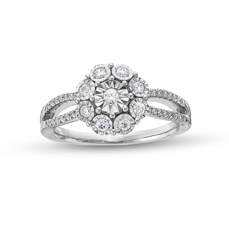Previously Owned - 0.25 CT. T.W. Diamond Floral Composite Split Shank Promise Ring in Sterling Silver