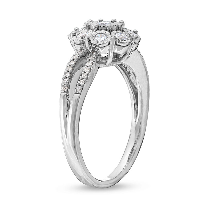 Previously Owned - 0.25 CT. T.W. Diamond Floral Composite Split Shank Promise Ring in Sterling Silver