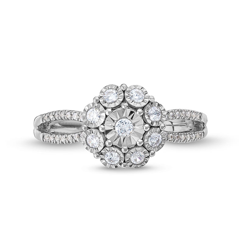 Previously Owned - 0.25 CT. T.W. Diamond Floral Composite Split Shank Promise Ring in Sterling Silver