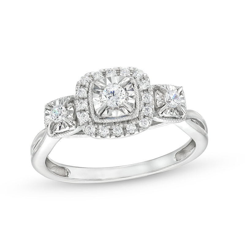 Previously Owned - 0.25 CT. T.W. Diamond Cushion Frame Miracle Past Present Future® Vintage-Style Engagement Ring in 10K White Gold