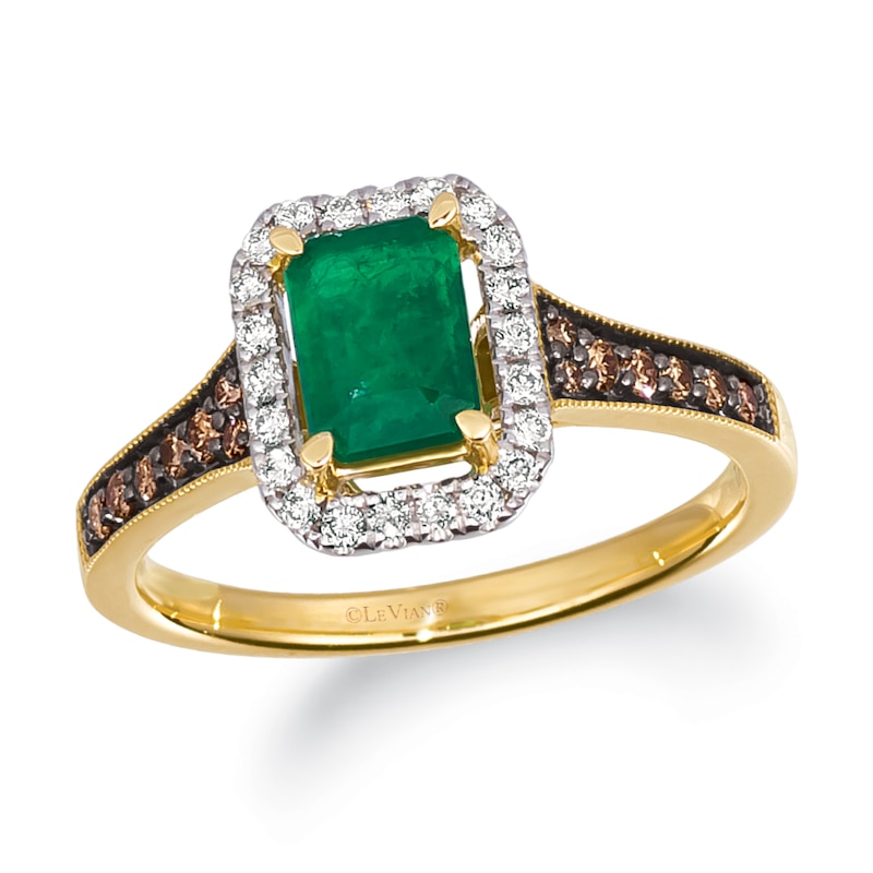 Previously Owned - Le Vian® Costa Smeralda Emeralds™ and 0.32 CT. T.W. Diamond Frame Vintage-Style Ring in 14K Honey Gold™