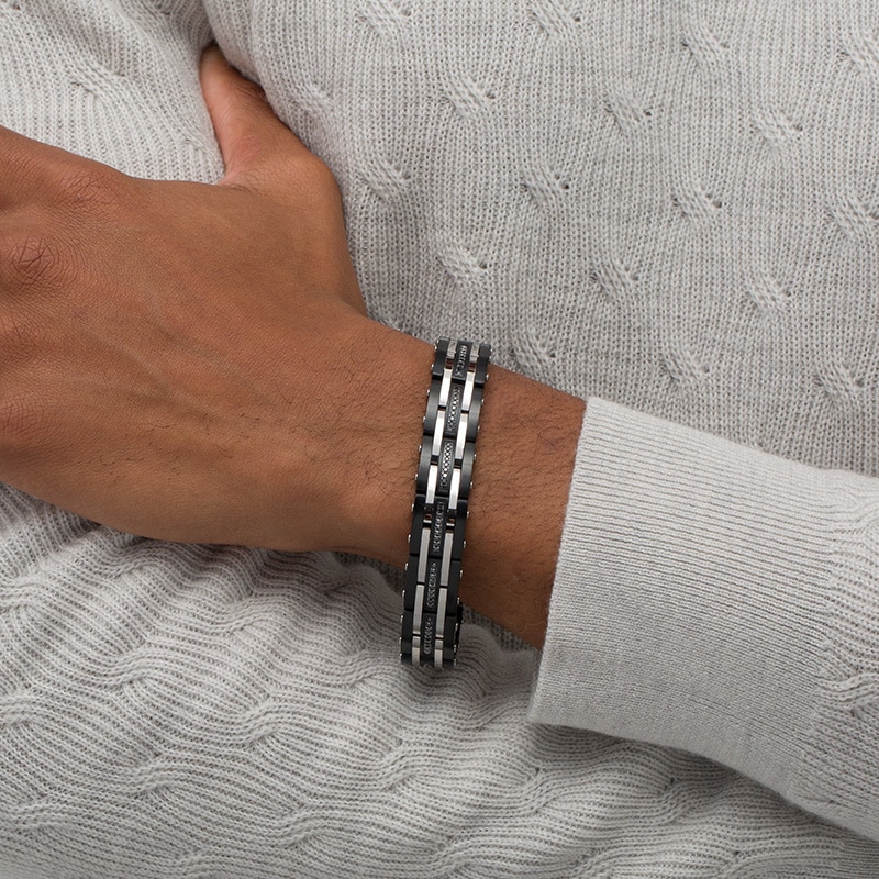 Previously Owned - 0.99 CT. T.W. Black Enhanced Diamond Triple Row Link Bracelet in Stainless Steel and Black IP - 8.5"