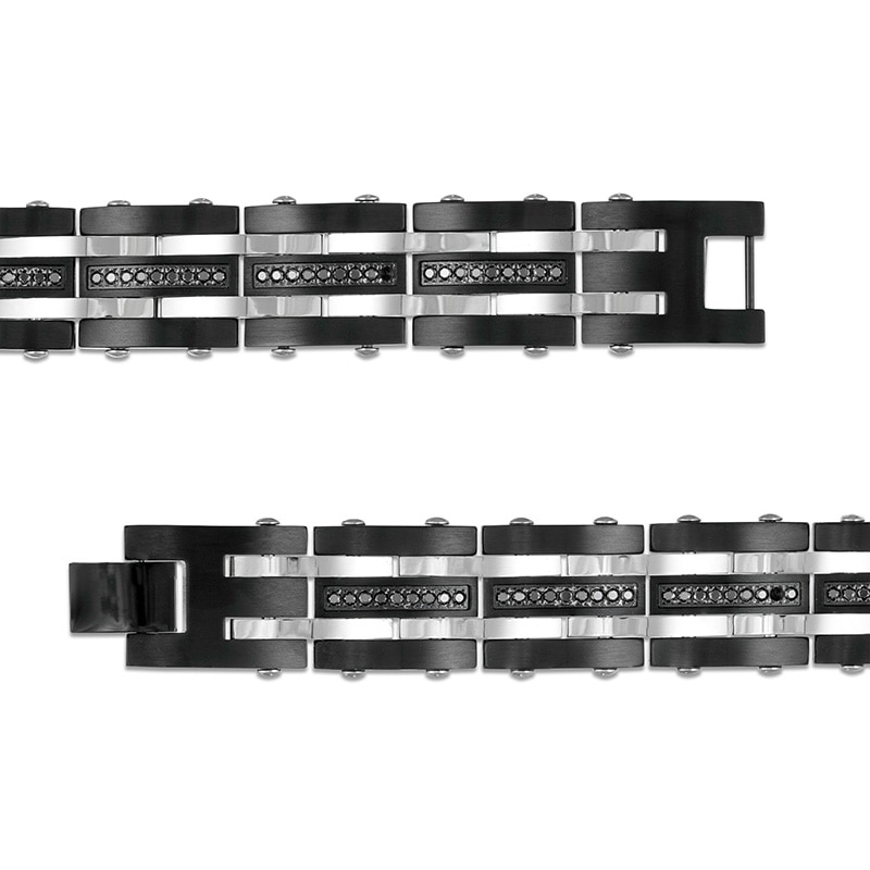 Previously Owned - 0.99 CT. T.W. Black Enhanced Diamond Triple Row Link Bracelet in Stainless Steel and Black IP - 8.5"