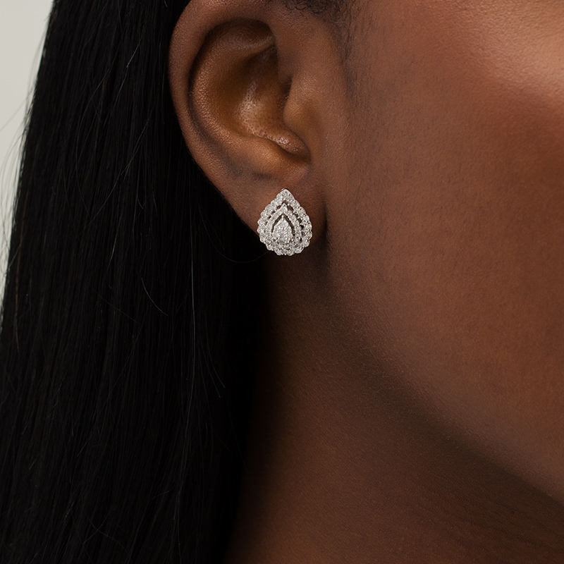 Previously Owned - 1.00 CT. T.W. Composite Diamond Teardrop Scallop Frame Stud Earrings in 10K White Gold