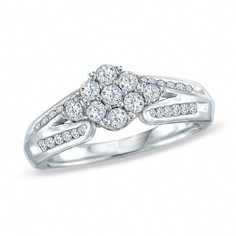 Previously Owned - 0.75 CT. T.W. Diamond Cluster Engagement Ring in 10K White Gold